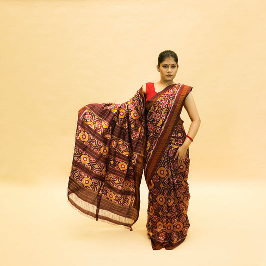 Maroon & Yellow Mulberry Silk Pochampally Ikat Saree