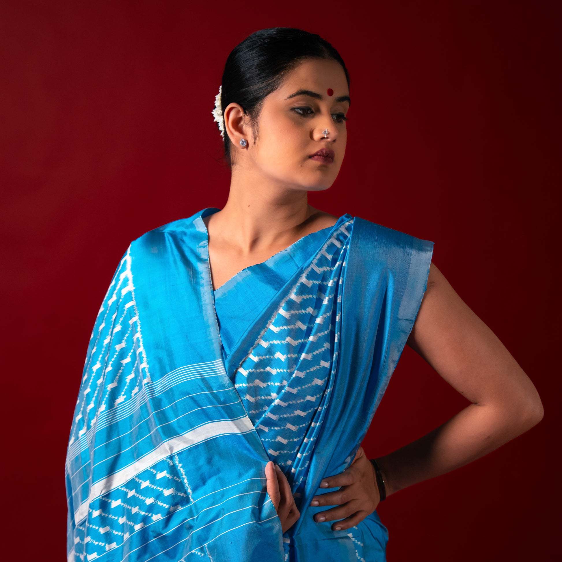 Ikatan Ice Blue & White Mulberry Silk Ikat Saree Ikatan