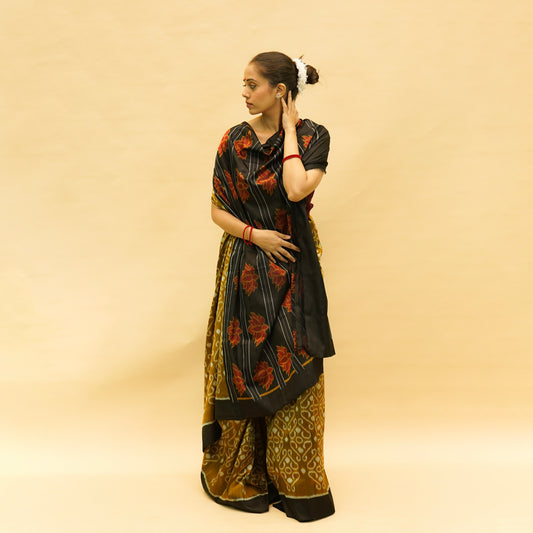 Golden & Black Mulberry Silk Odisha Ikat Saree