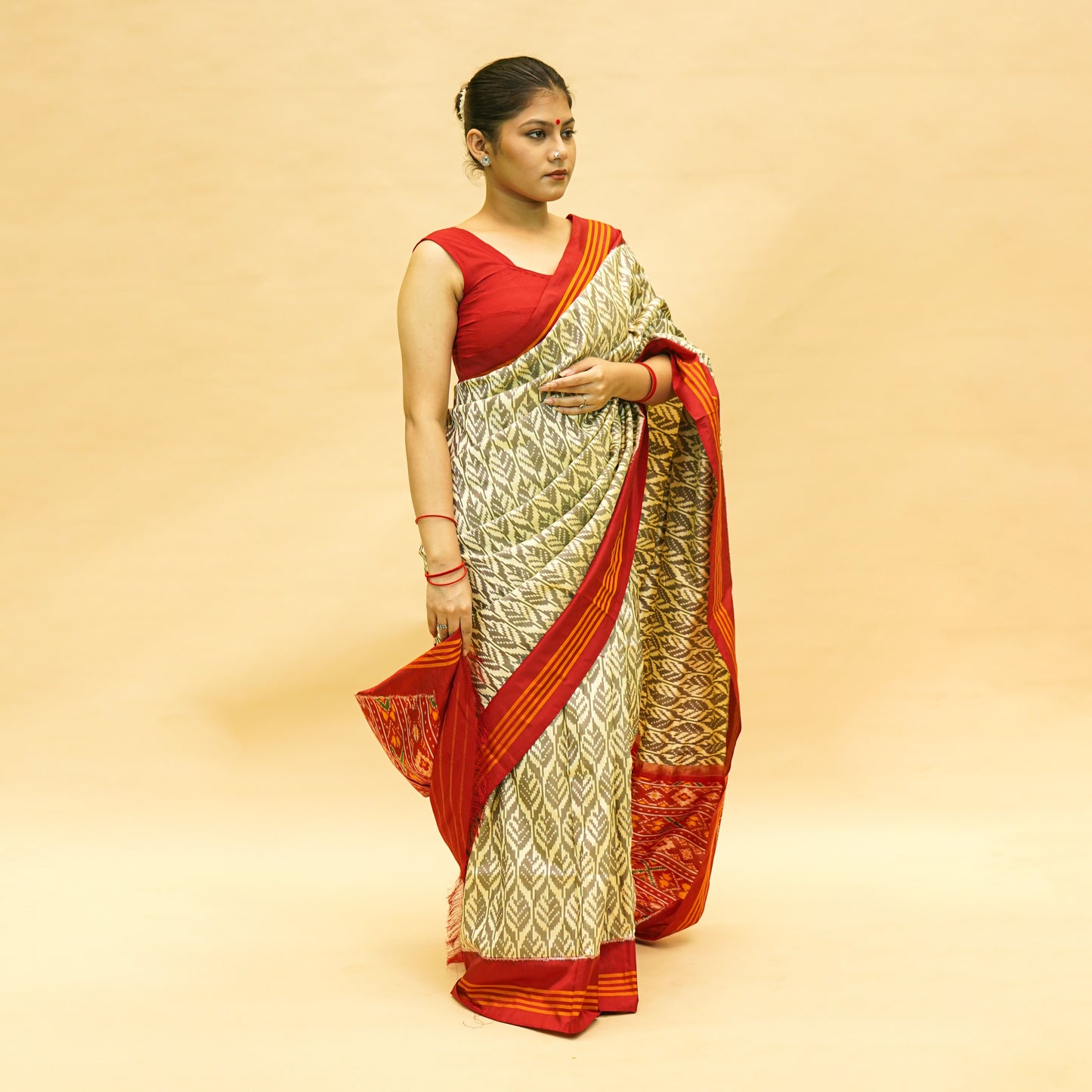Pearl White & Red Mulberry Silk Pochampally Ikat Saree