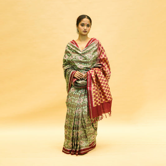 Mint Green & Maroon Mulberry Silk Pochampally Ikat Saree