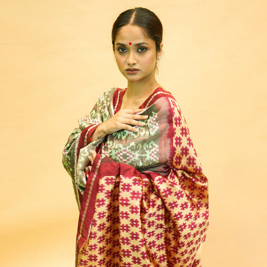 Mint Green & Maroon Mulberry Silk Pochampally Ikat Saree