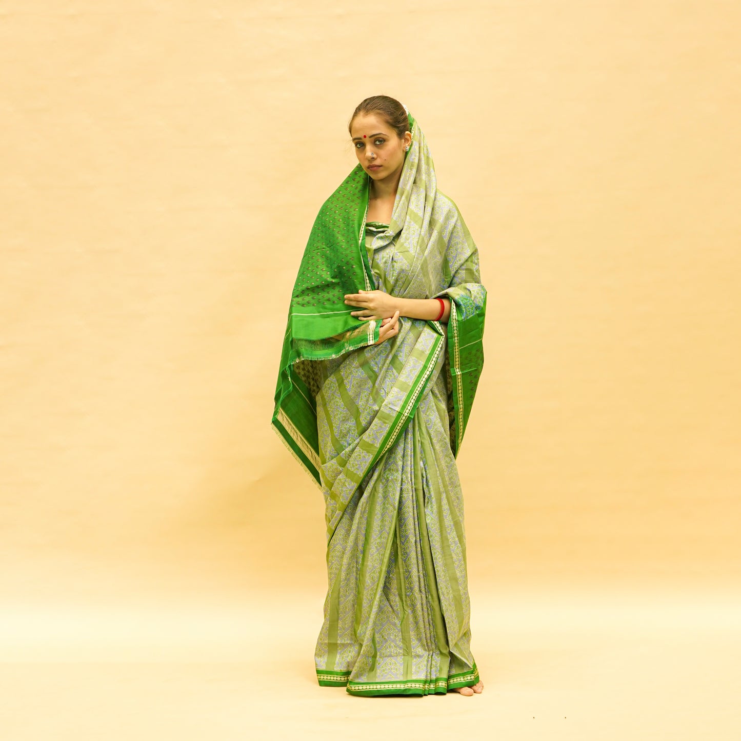 Green & Grey Mulberry Silk Pochampally Ikat Saree