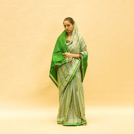 Green & Grey Mulberry Silk Pochampally Ikat Saree