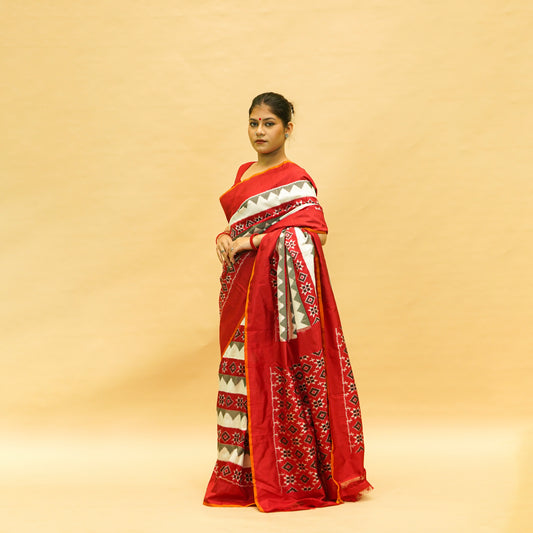 Red & White Mulberry Silk Pochampally Double Warp Ikat Saree