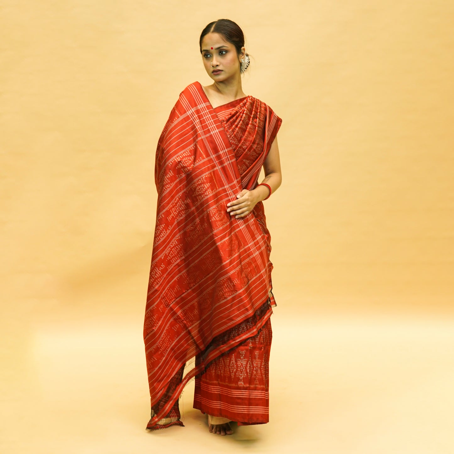 Orangish Red Mulberry Silk Pochampally Ikat Saree
