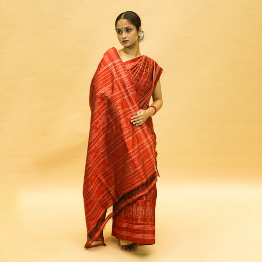 Orangish Red Mulberry Silk Pochampally Ikat Saree