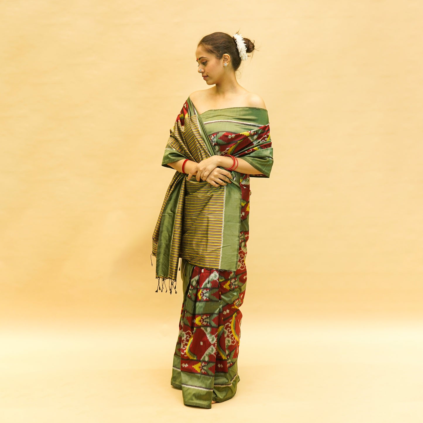 Maroon & Green Mulberry Silk Odisha Ikat Saree