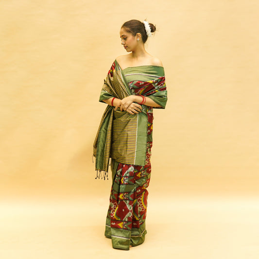 Maroon & Green Mulberry Silk Odisha Ikat Saree