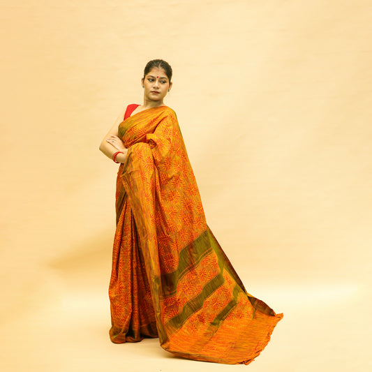Mustard Yellow Mulberry Silk Uzbek-Style Double Warp Ikat Saree