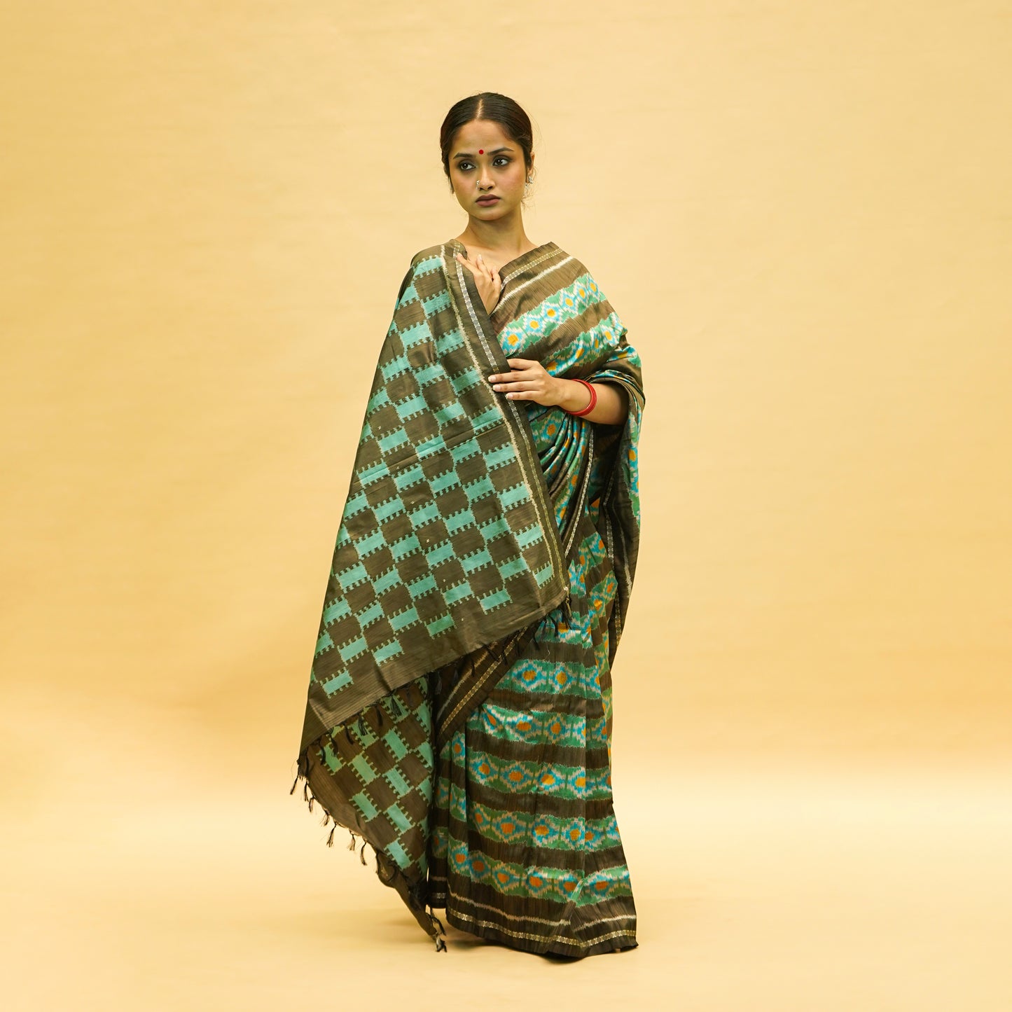 Green & Dark Grey Mulberry Silk Pochampally Ikat Saree