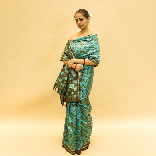 Blue & Dark Grey Mulberry Silk Pochampally Ikat Saree
