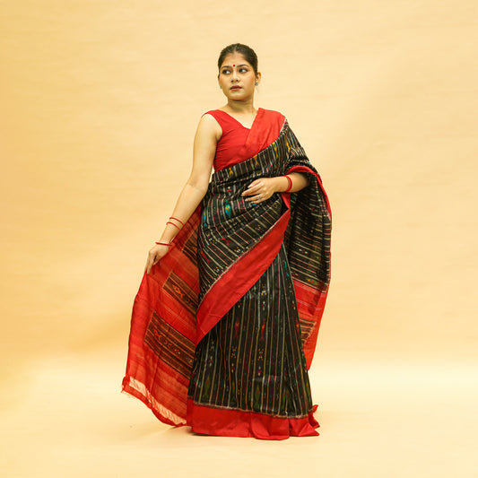 Red & Black Mulberry Silk Odisha Double Warp Ikat Saree