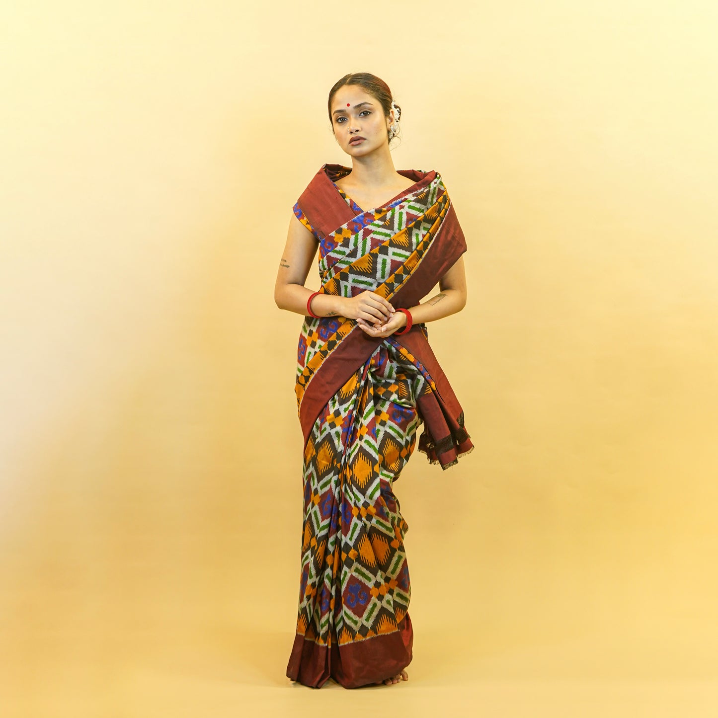 Maroon & Golden Mulberry Silk Pochampally Ikat Saree