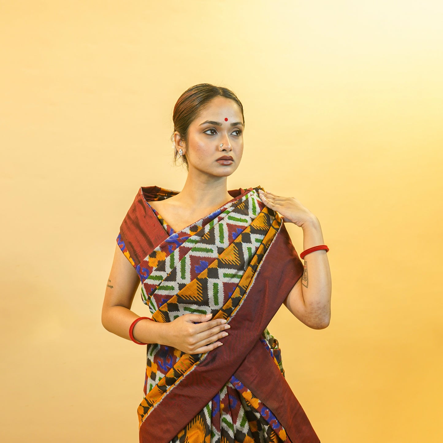 Maroon & Golden Mulberry Silk Pochampally Ikat Saree