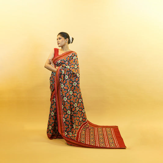 Red & Black Mulberry Silk  Double Ikat Saree