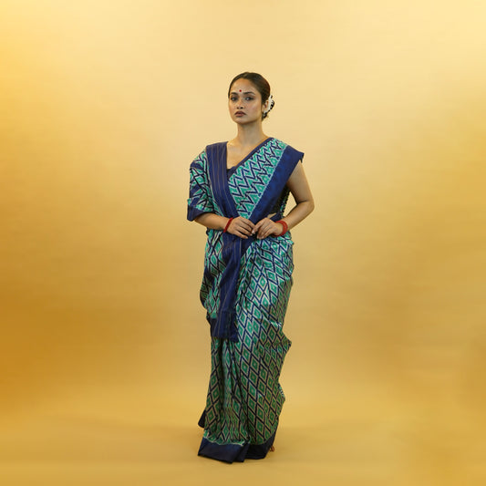 Blue & Green Mulberry Silk Odisha Diamond Style Ikat Saree
