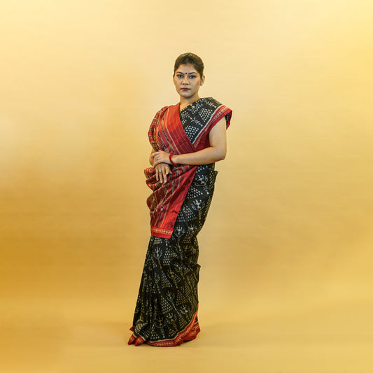 Black & Red Mulberry Silk Odisha Ikat Saree