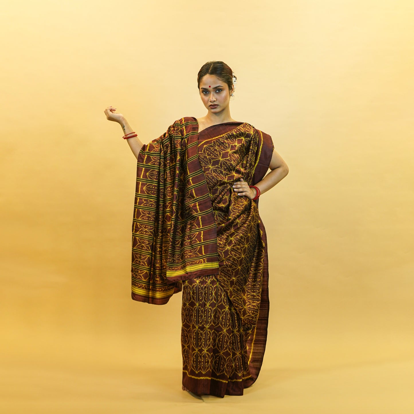 Brown & Yellow Mulberry Silk Odisha Ikat Saree