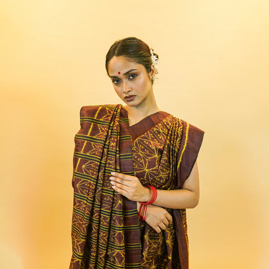 Brown & Yellow Mulberry Silk Odisha Ikat Saree