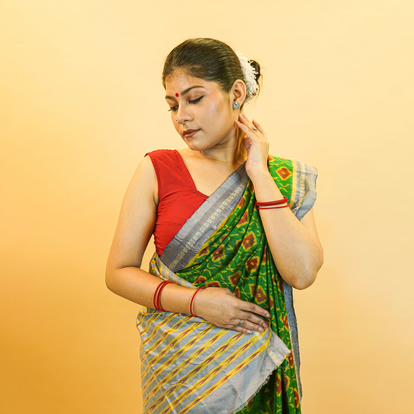 Bibhu Mohapatra Green & Orange Mulberry Silk Odisha Ikat Saree