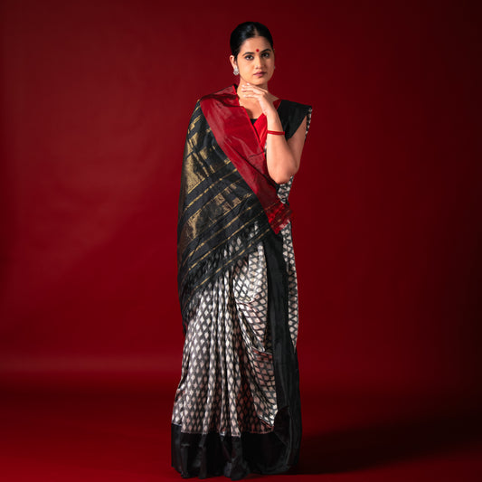 Ikatan Black & White with Red Mulberry Silk Pochampally Ikat Saree Ikatan