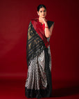 Ikatan Black & White with Red Mulberry Silk Pochampally Ikat Saree Ikatan