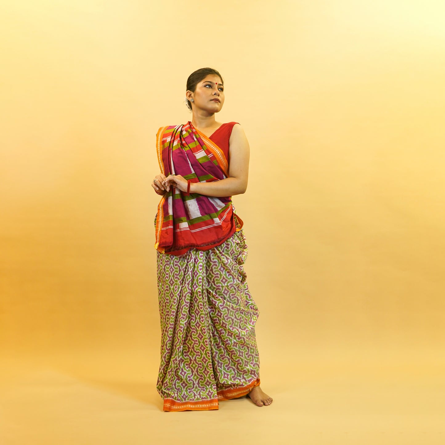 Bibhu Mohapatra Pink & Green Mulberry Silk Pochampally Ikat Saree