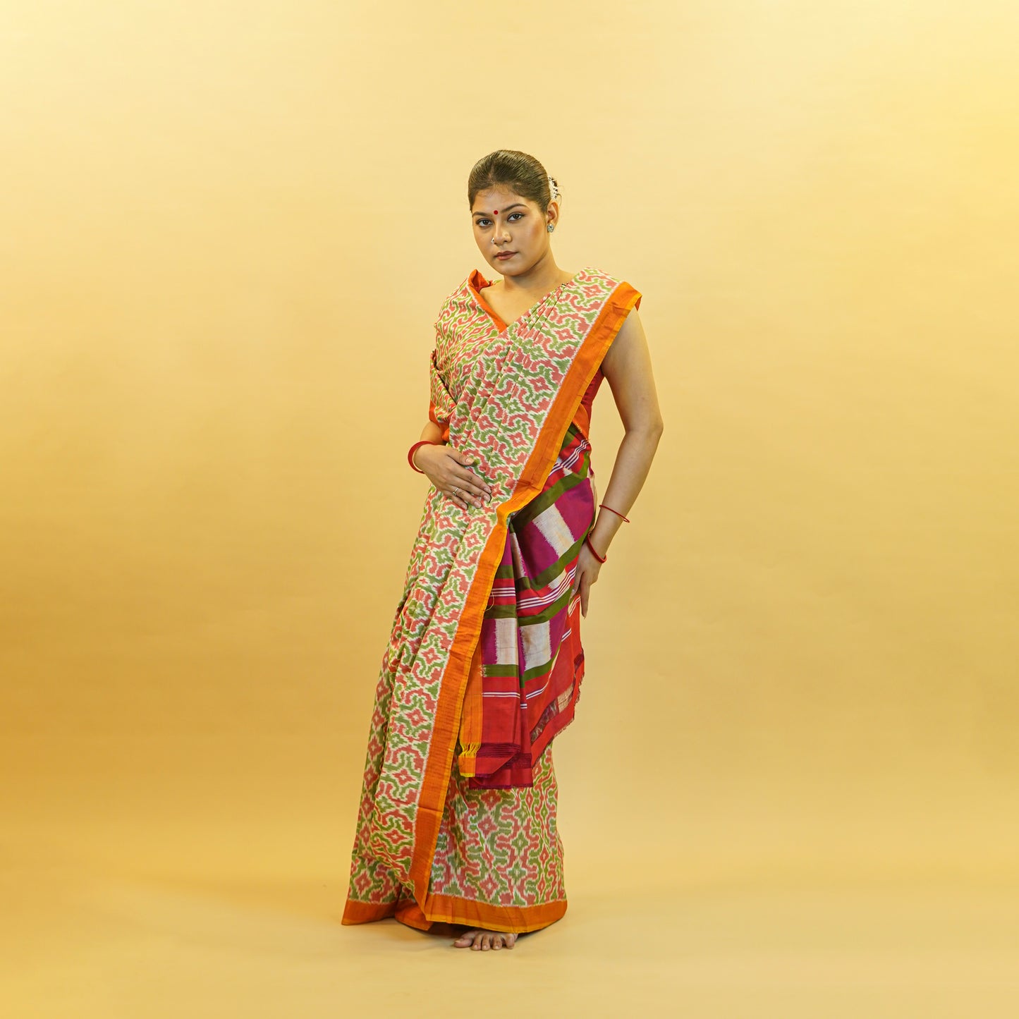 Bibhu Mohapatra Orange & Green Mulberry Silk Pochampally Ikat Saree