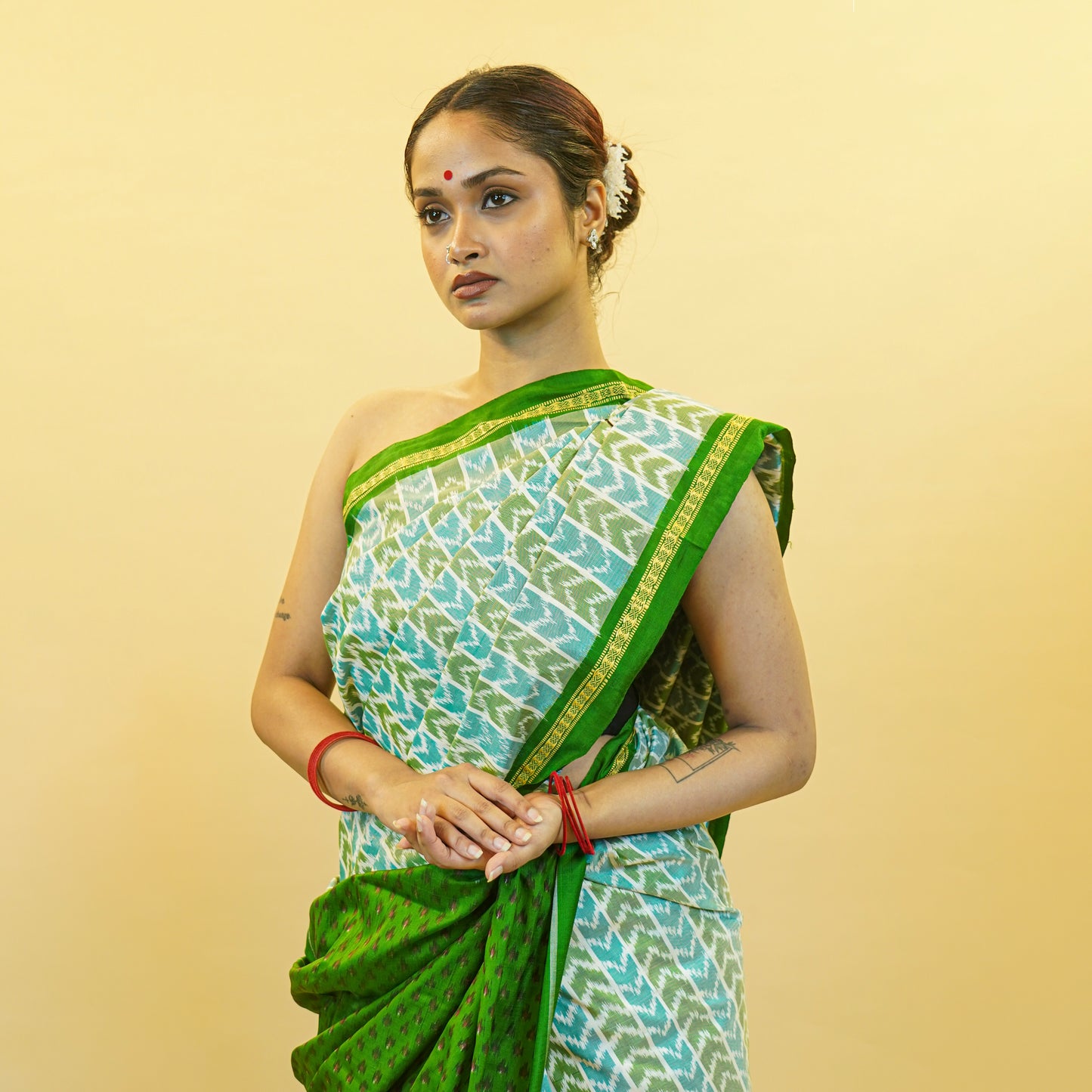 Sea Blue & Green Mulberry Silk Pochampally Ikat Saree
