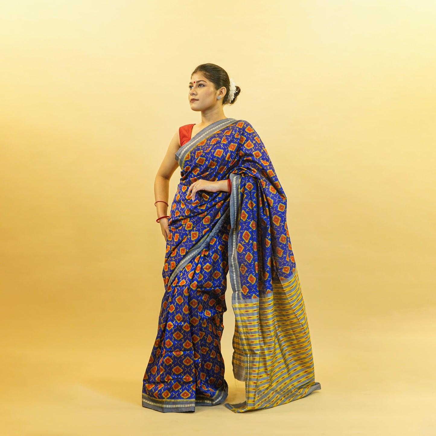 Bibhu Mohapatra Cobalt Blue & Orange Mulberry Silk Odisha Ikat Saree