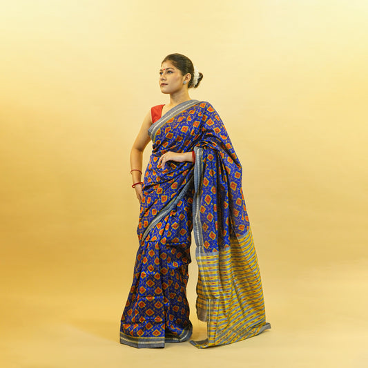 Bibhu Mohapatra Cobalt Blue & Orange Mulberry Silk Odisha Ikat Saree