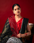 Ikatan Black & White with Red Mulberry Silk Pochampally Ikat Saree Ikatan