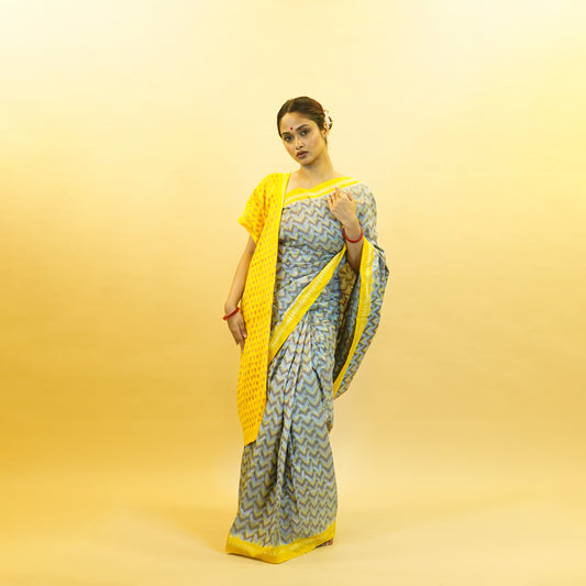 Bibhu Mohapatra Bluish Grey & Yellow Mulberry Silk Pochampally Ikat Saree