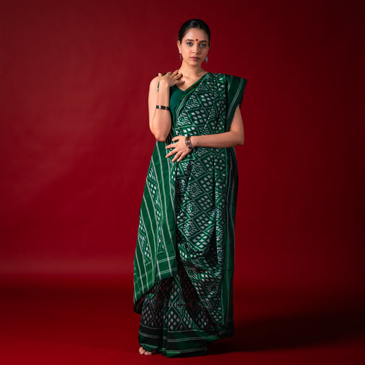 Ikatan Forest Green Mulberry Silk Odisha Ikat Saree Ikatan