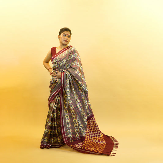 Maroon & Yellow Mulberry Silk Pochampally Ikat Saree