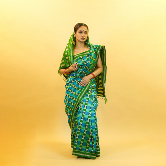 Aqua Blue & Green Mulberry Silk Pochampally Ikat Saree