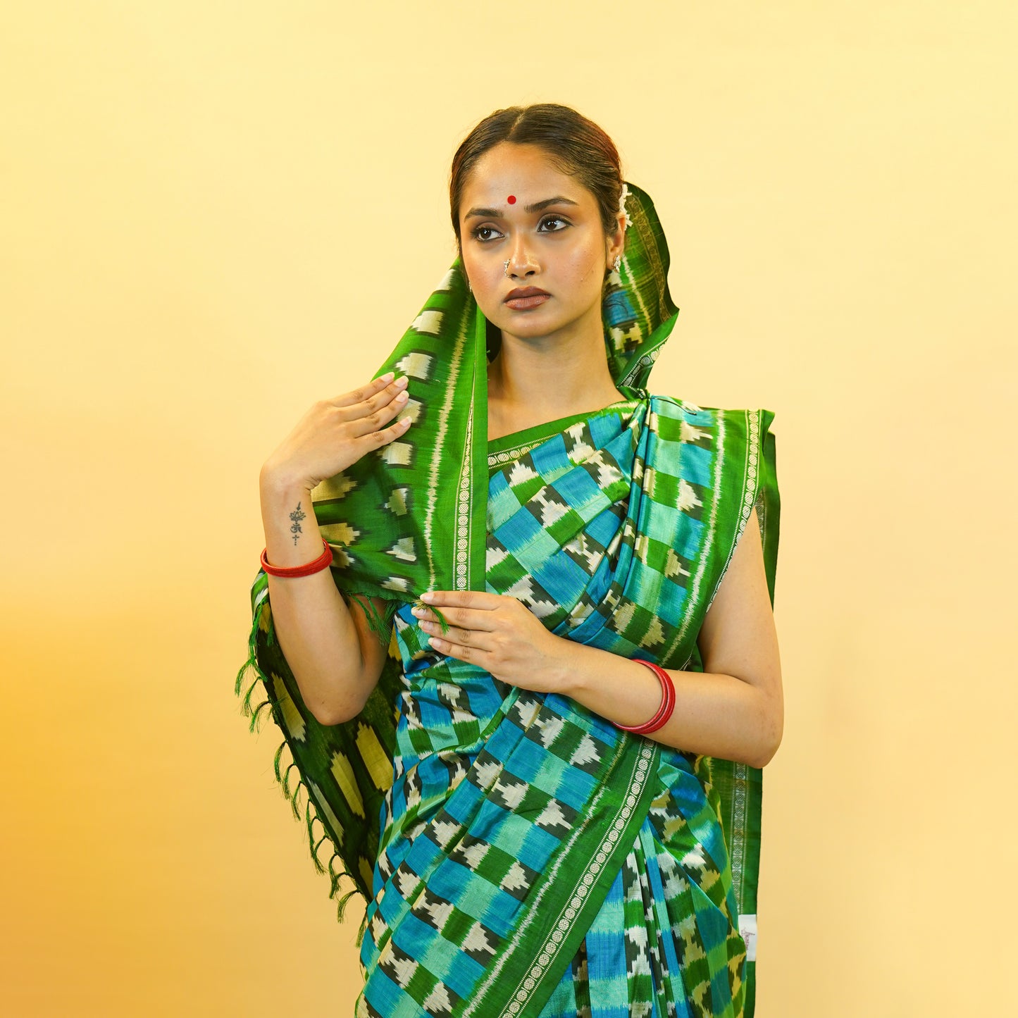 Aqua Blue & Green Mulberry Silk Pochampally Ikat Saree