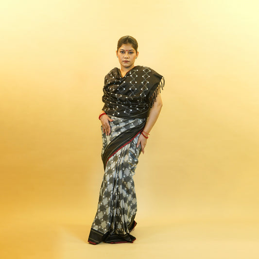 Grey & Black Mulberry Silk Pochampally Double Warp Ikat Saree