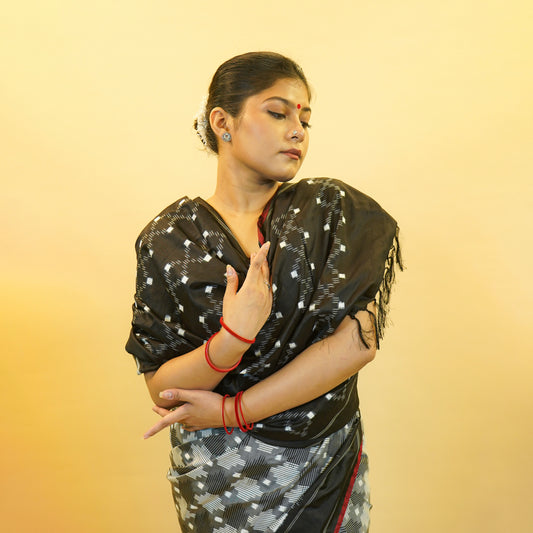 Grey & Black Mulberry Silk Pochampally Double Warp Ikat Saree