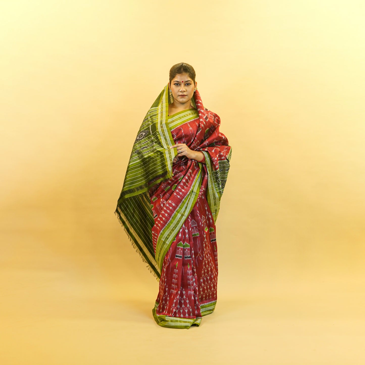 Maroon & Green Mulberry Silk Odisha Ikat Saree