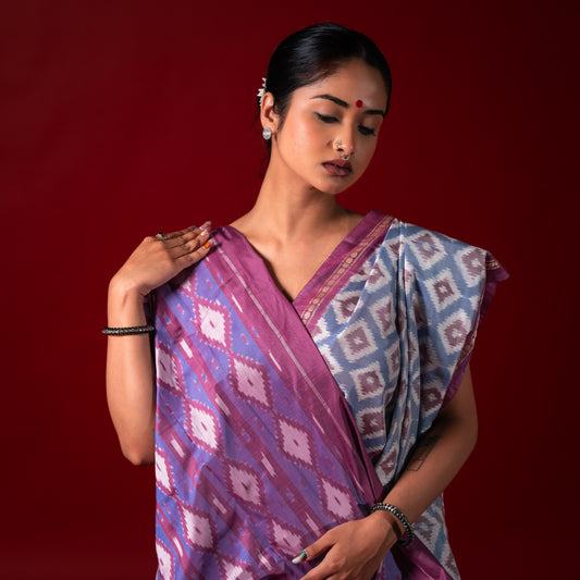 Ikatan Blue and Mauve Mulberry Silk Pochampally Ikat Saree Ikatan