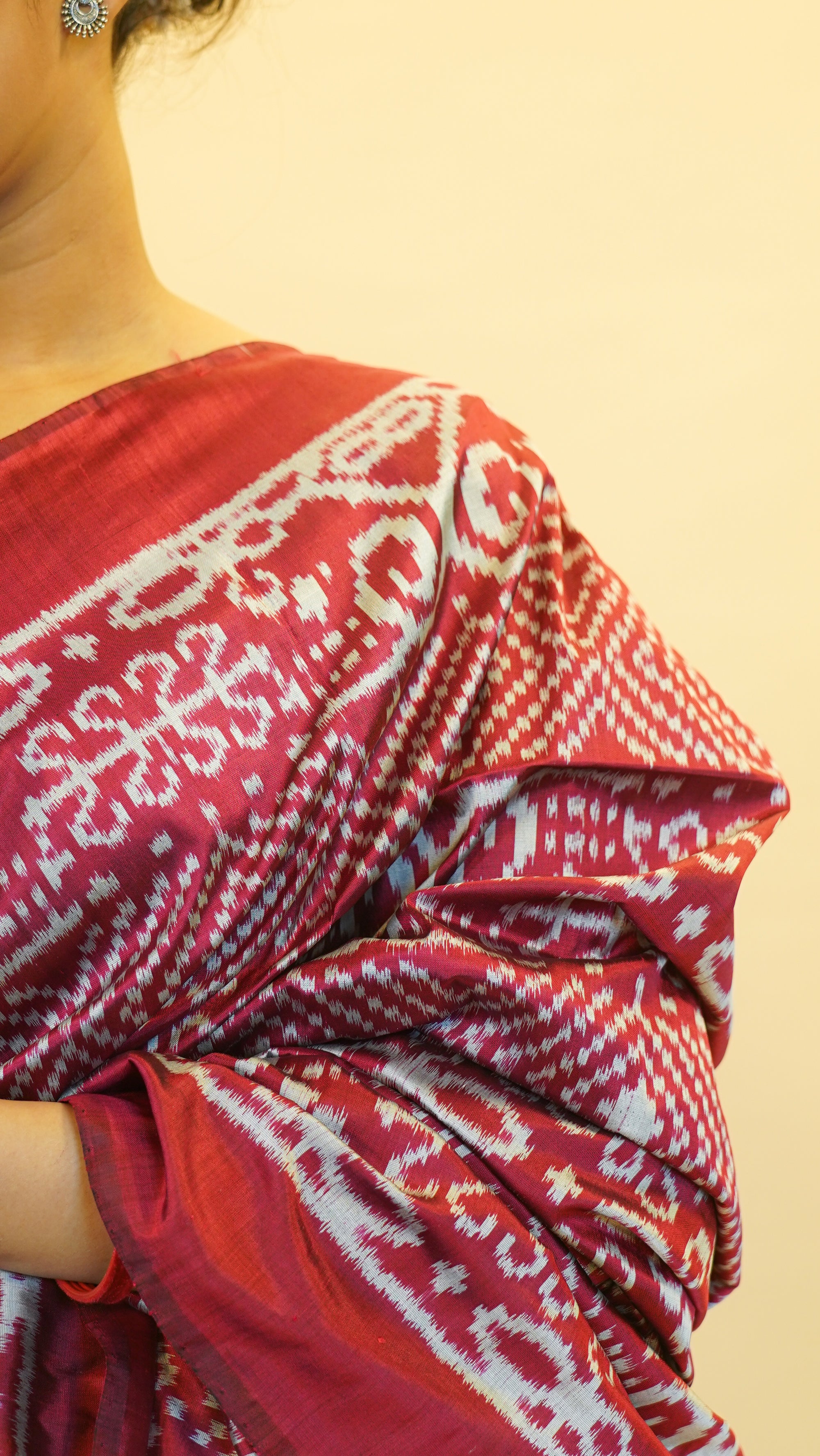 Maroon &amp; Silver Mulberry Silk Odisha Ikat Saree
