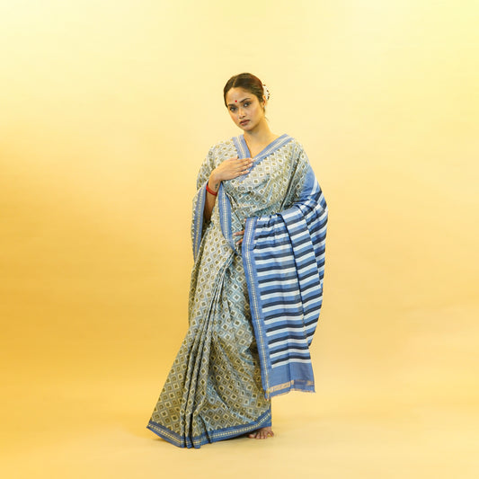 Bluish Grey & White Mulberry Silk Pochampally Ikat Saree