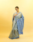 Bluish Grey & White Mulberry Silk Pochampally Ikat Saree