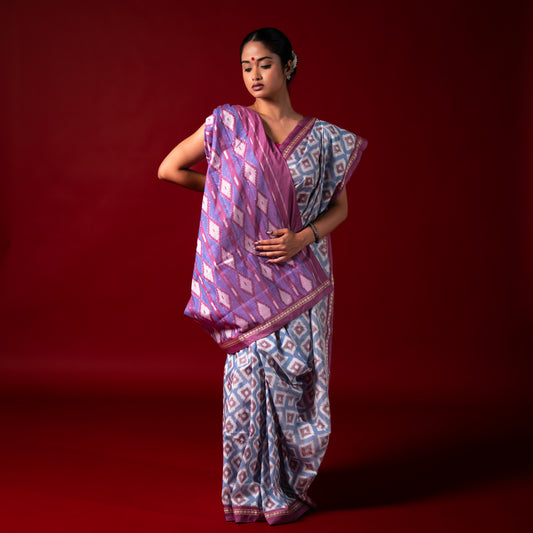 Ikatan Blue and Mauve Mulberry Silk Pochampally Ikat Saree Ikatan