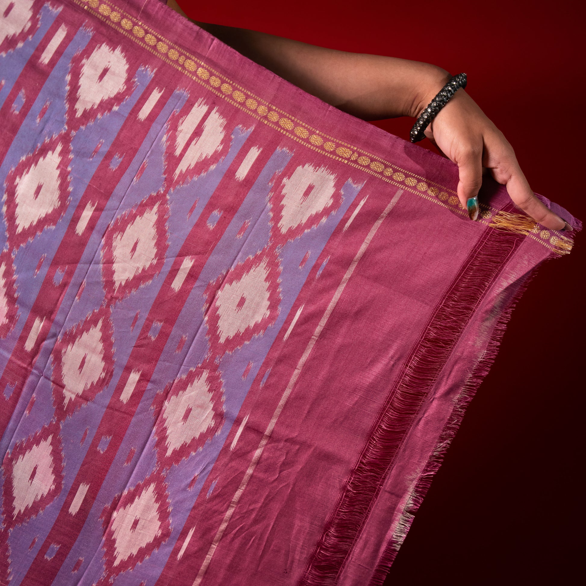 Ikatan Blue and Mauve Mulberry Silk Pochampally Ikat Saree Ikatan