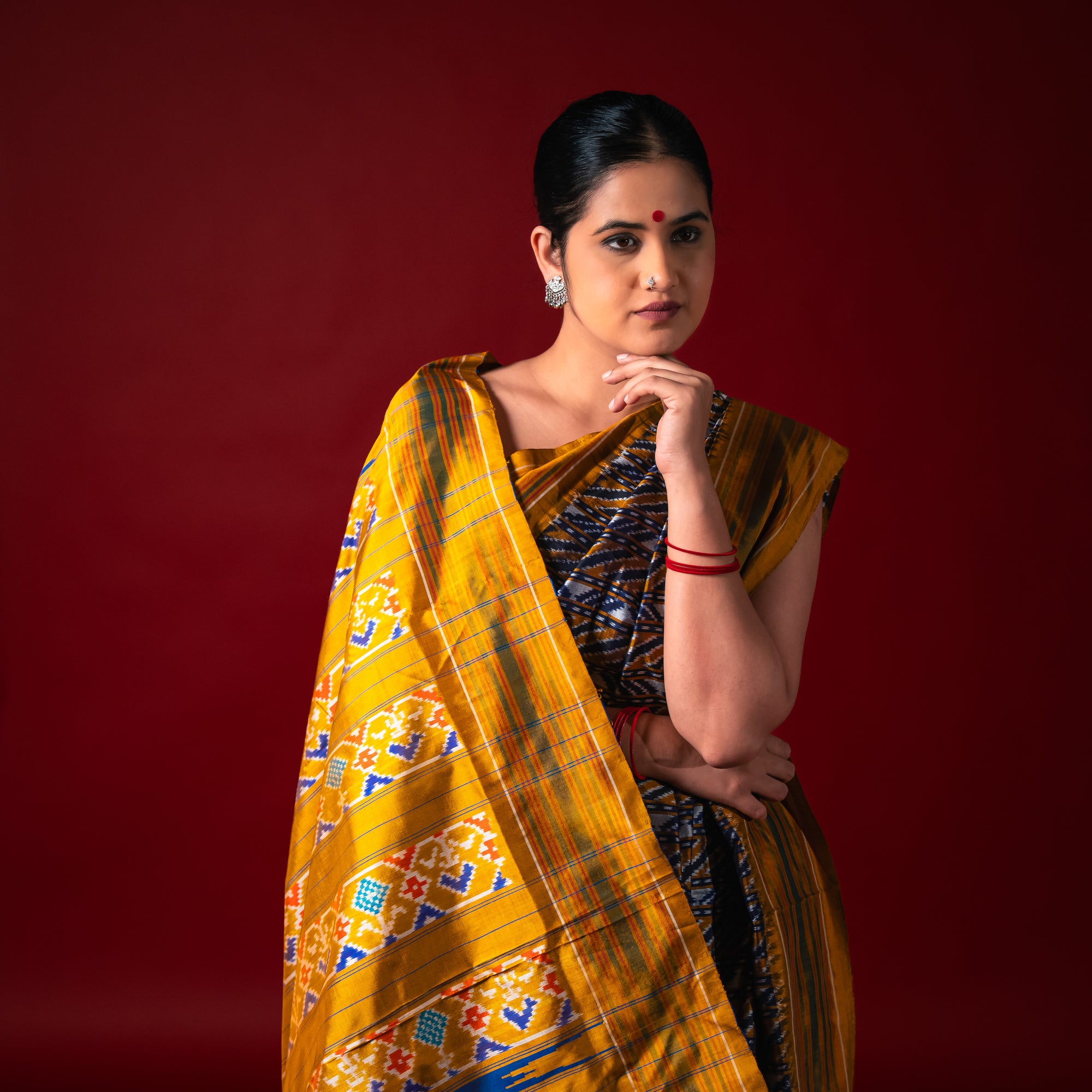 Ikatan Brown & Yellow Mulberry Silk Saree Ikatan