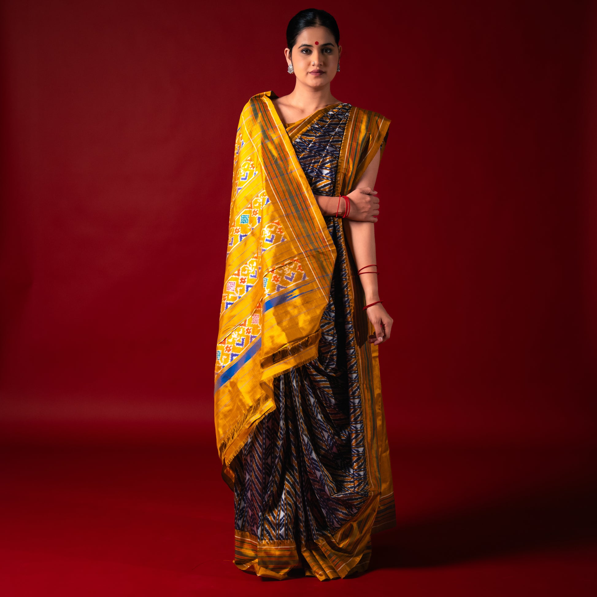 Ikatan Brown & Yellow Mulberry Silk Saree Ikatan