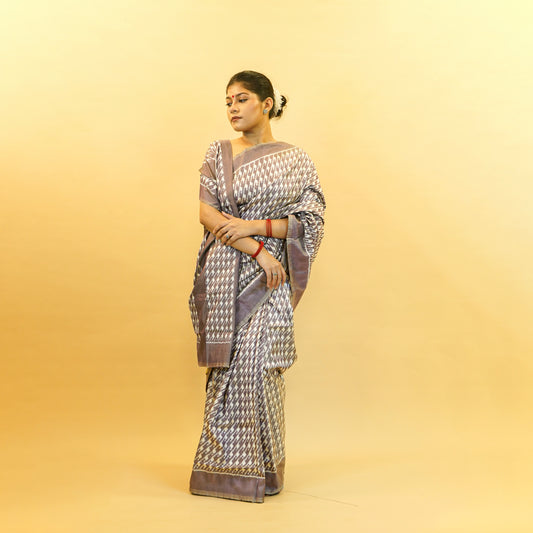 Bibhu Mohapatra Greyish-Purple & Ivory Mulberry Silk Pochampally Ikat Saree
